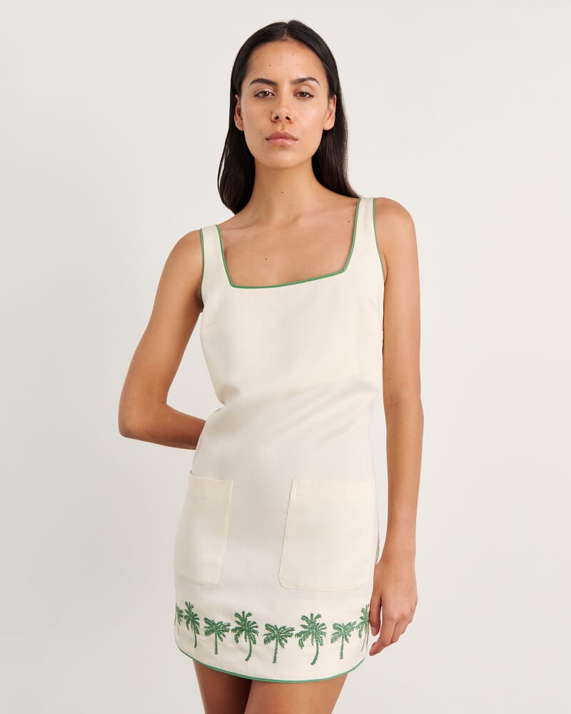 Palm Embroidered Mini Dress in IVORY/MOSS