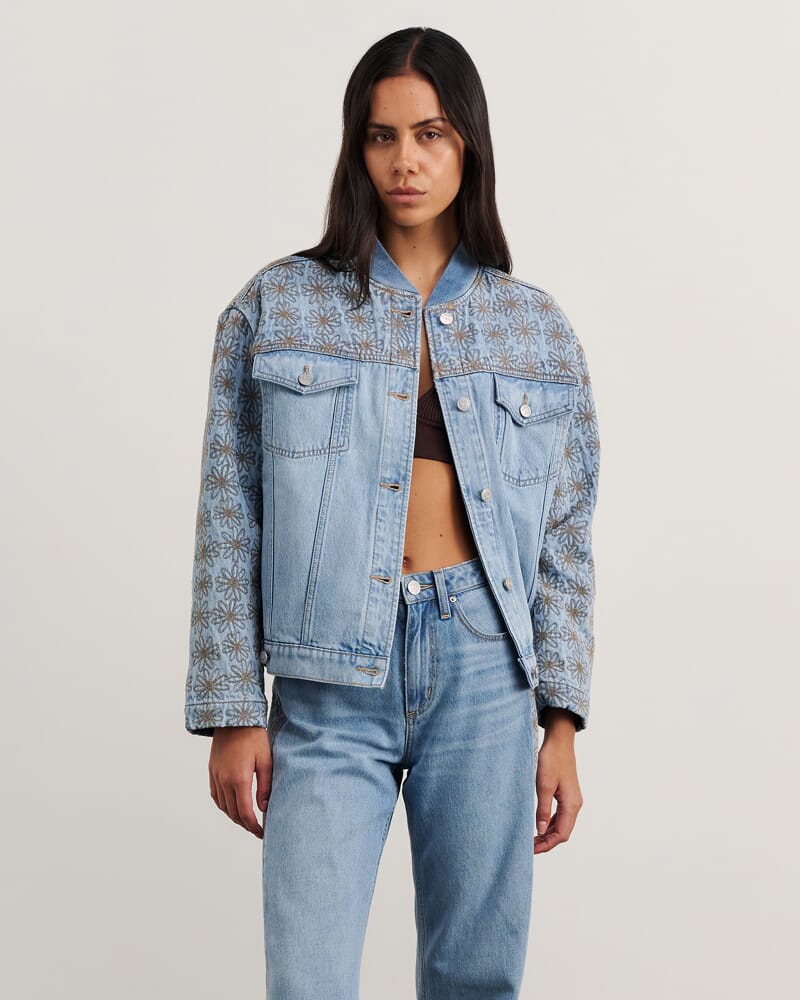 Fleur Bomber Jacket in MID BLUE WASH