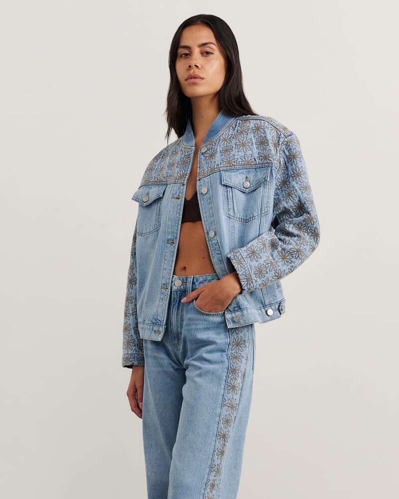 Fleur Bomber Jacket in MID BLUE WASH