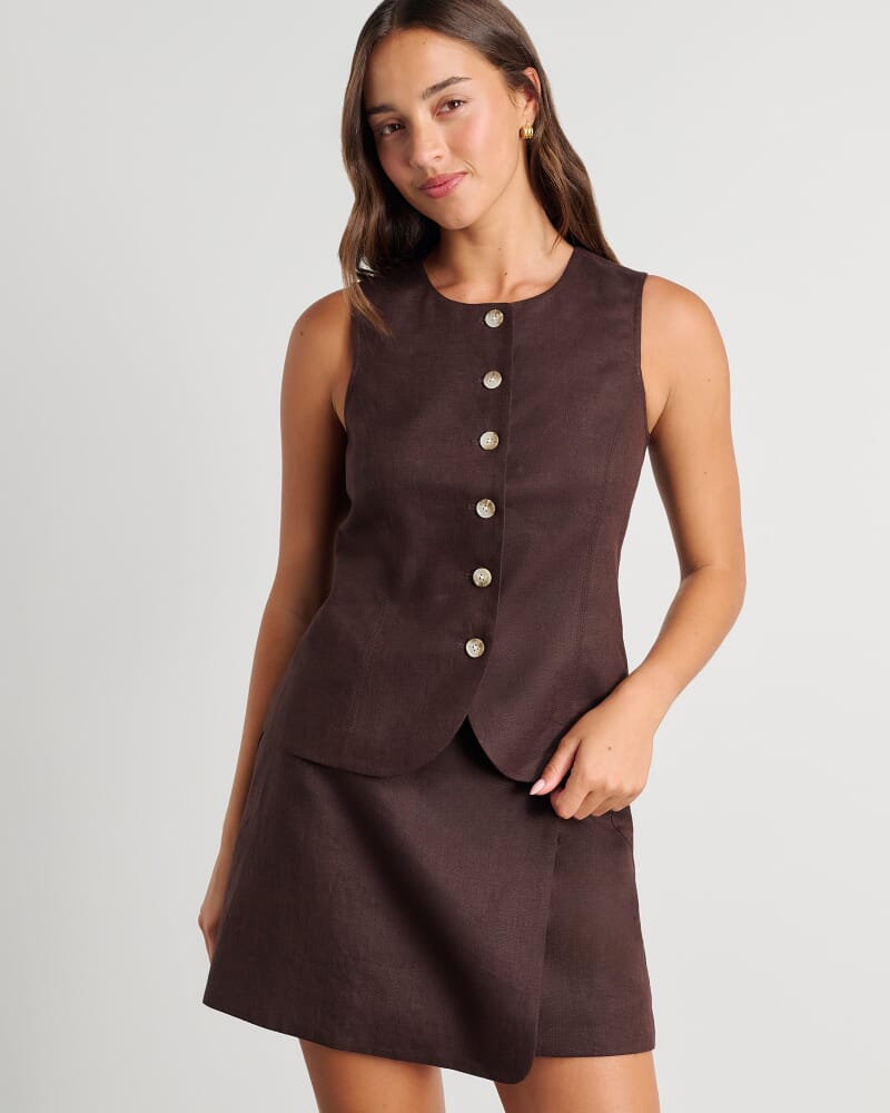 Kayla Round Neck Linen Vest in DARK CHOCOLATE