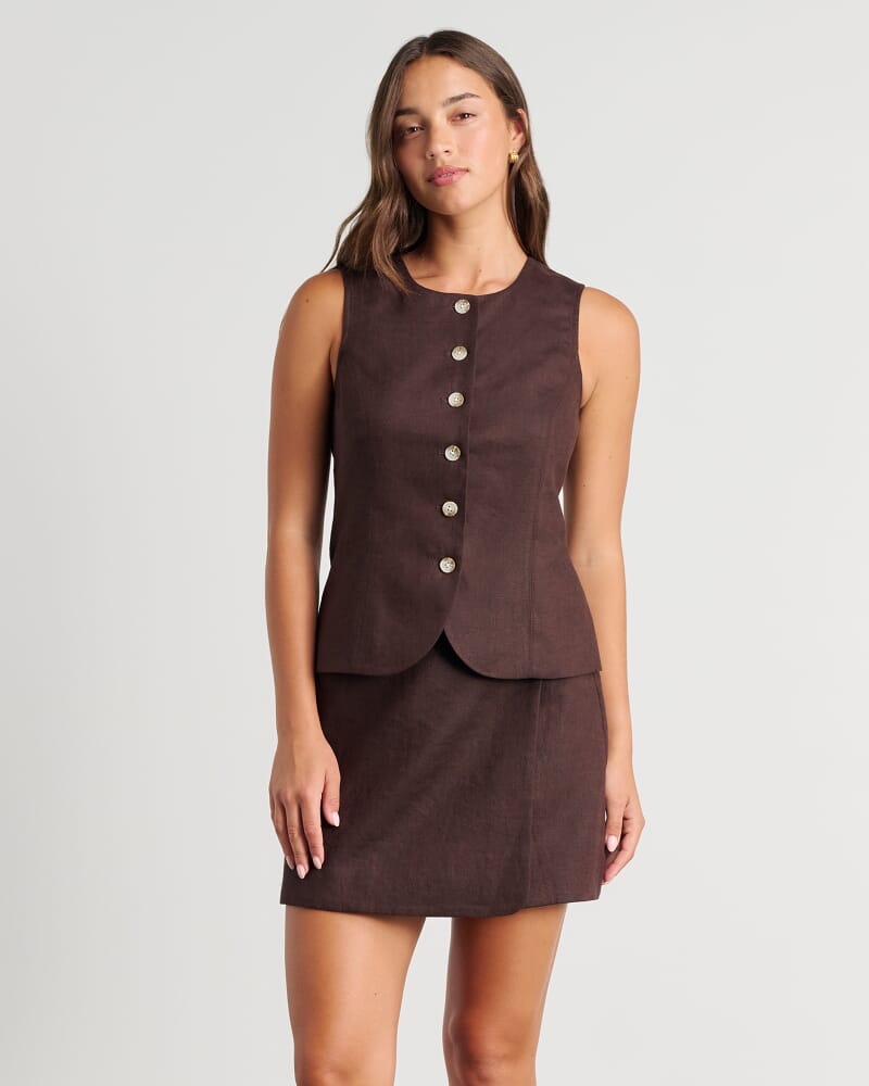 Kayla Round Neck Linen Vest in DARK CHOCOLATE