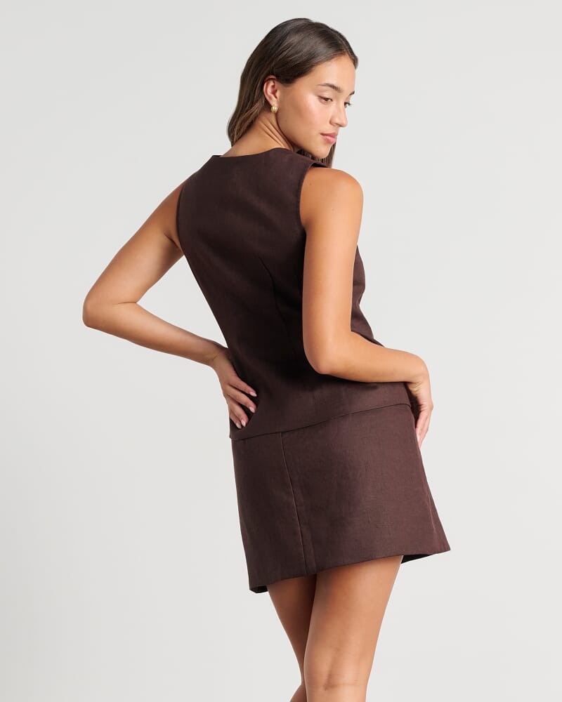 Kayla Round Neck Linen Vest in DARK CHOCOLATE