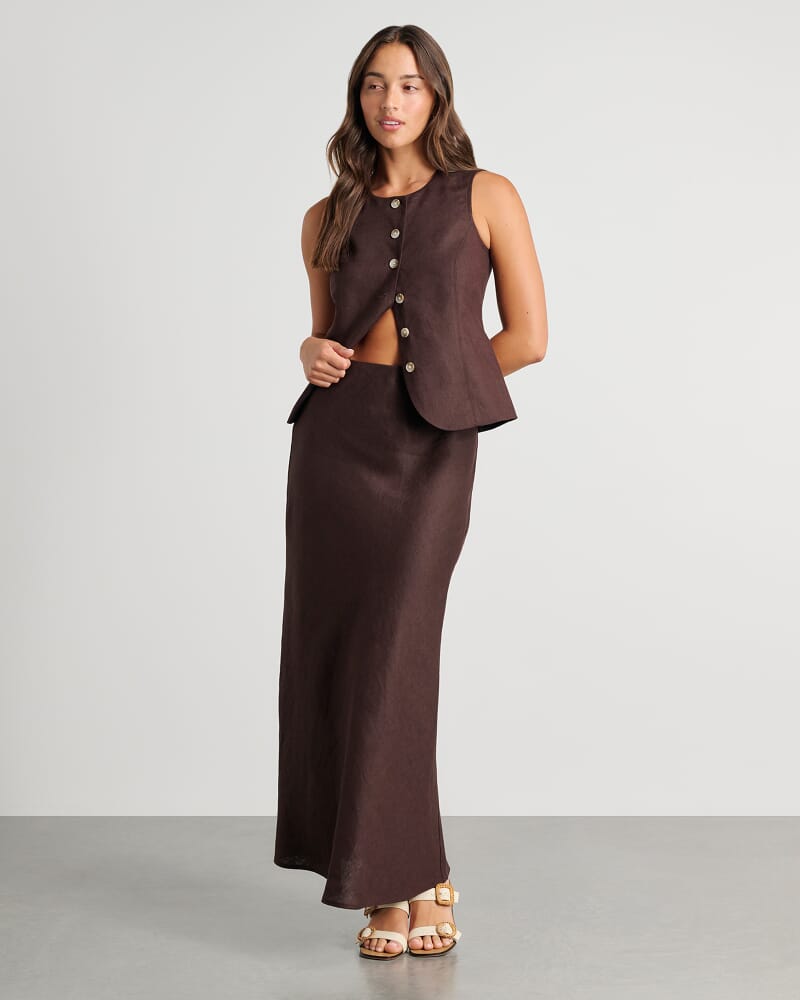 Kayla Round Neck Linen Vest in DARK CHOCOLATE