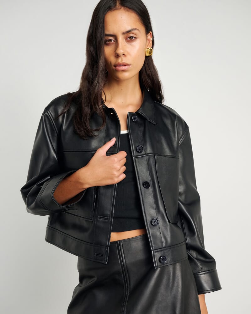 Dahlia Leather Crop Shacket in BLACK