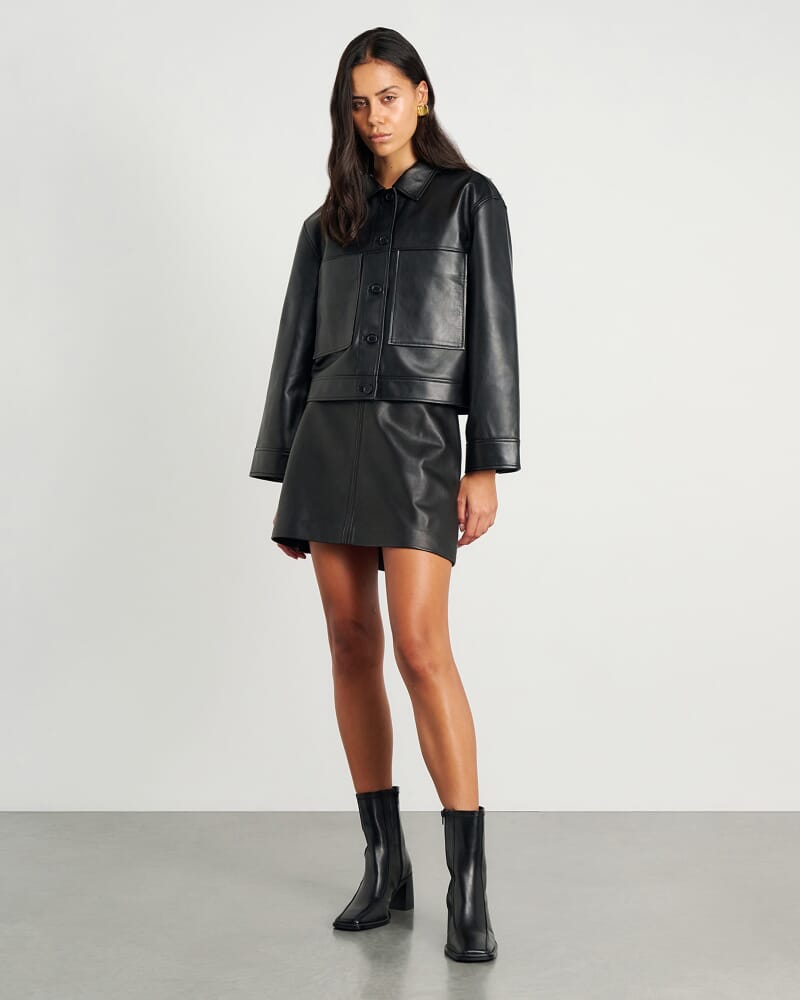 Dahlia Leather Crop Shacket in BLACK