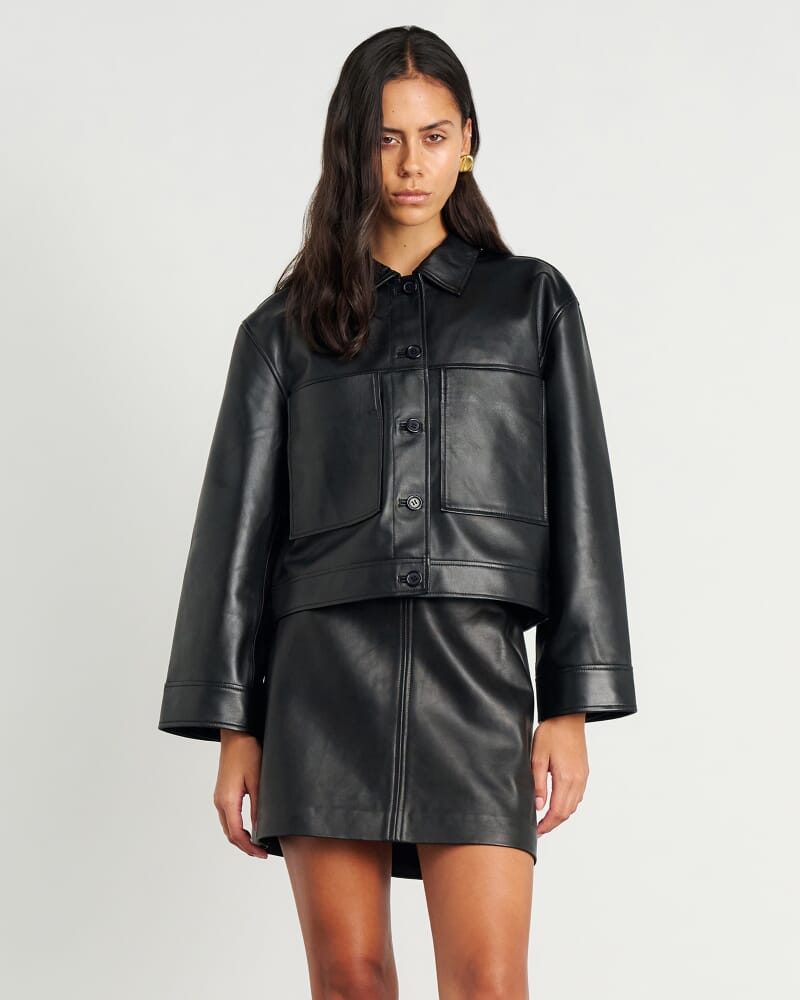 Dahlia Leather Crop Shacket in BLACK
