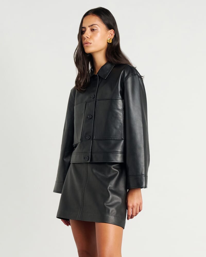 Dahlia Leather Crop Shacket in BLACK