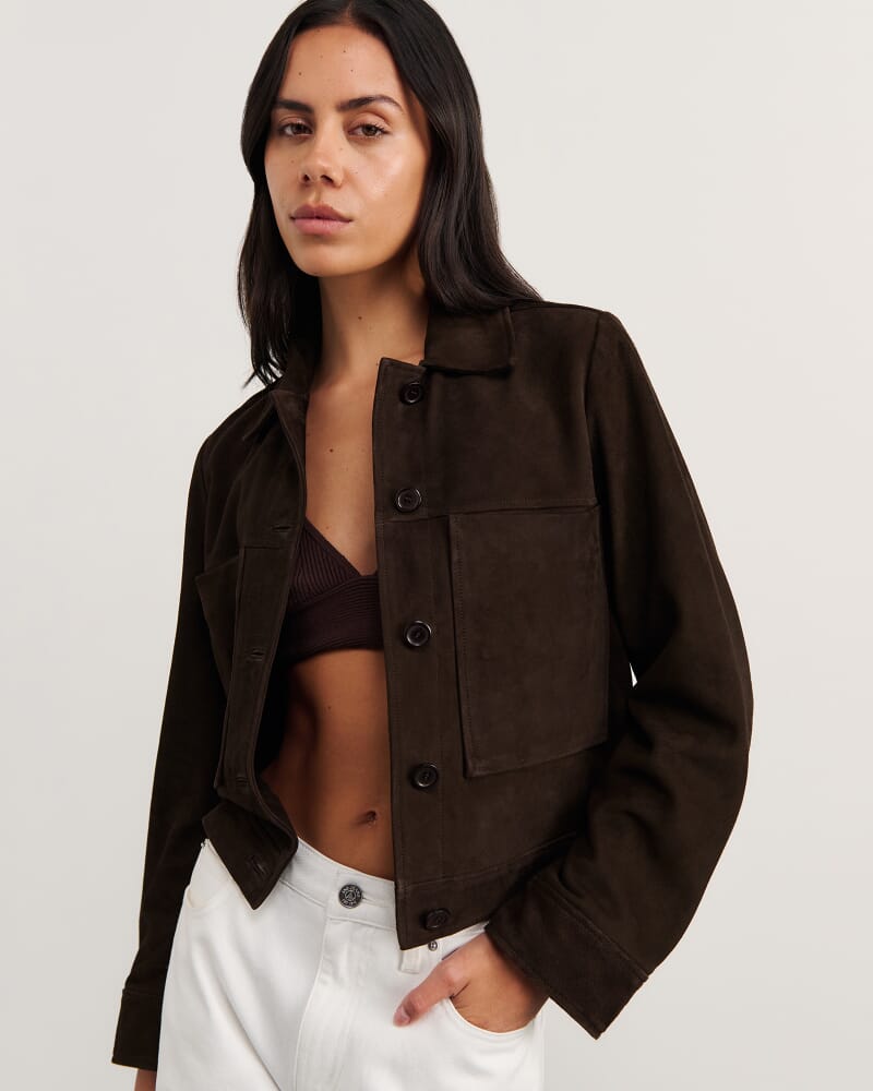Ophelia Suede Crop Shacket in DARK CHOCOLATE