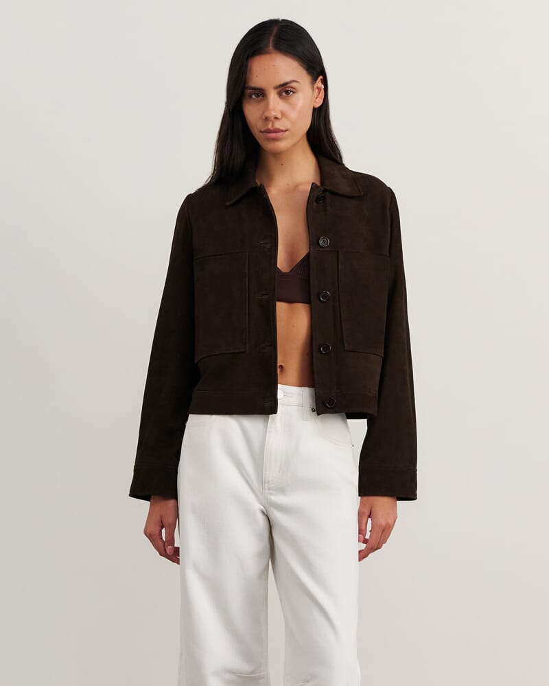 Ophelia Suede Crop Shacket in DARK CHOCOLATE