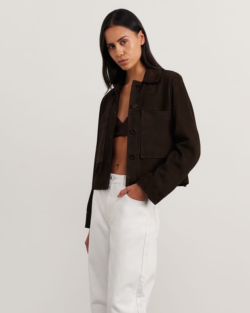 Ophelia Suede Crop Shacket in DARK CHOCOLATE