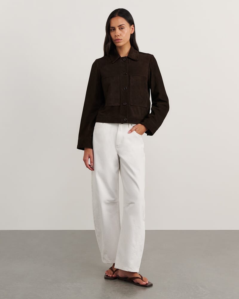 Ophelia Suede Crop Shacket in DARK CHOCOLATE