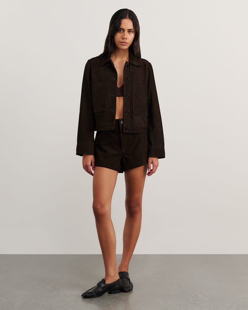 Ophelia Suede Crop Shacket in DARK CHOCOLATE