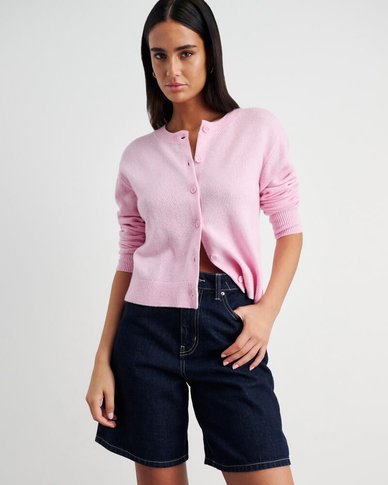 Long Sleeve Wool Cardigan in PINK FROST