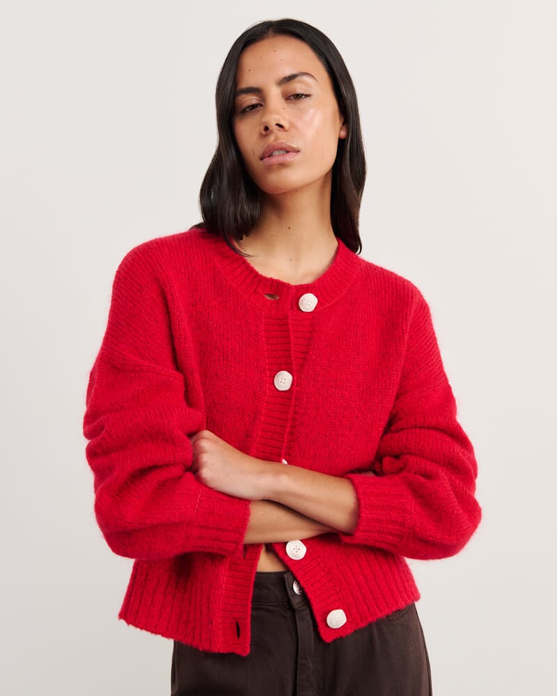 Lily Fluffy Knit Cardigan in BRIGHT RED