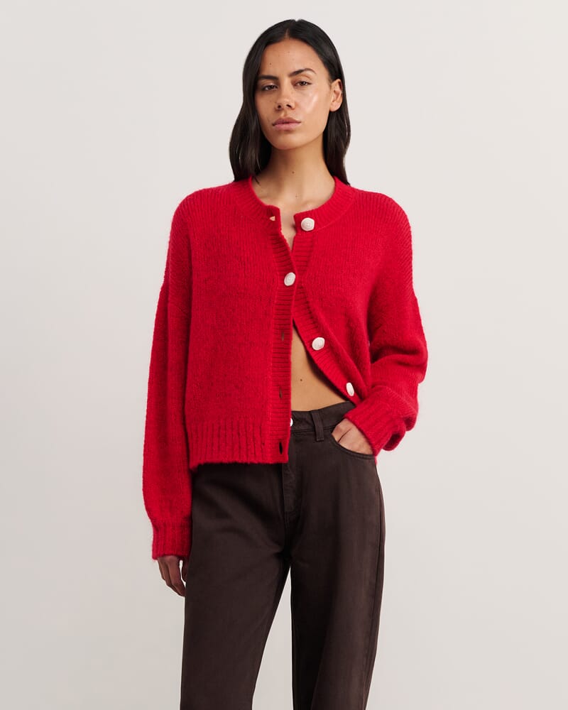 Lily Fluffy Knit Cardigan in BRIGHT RED
