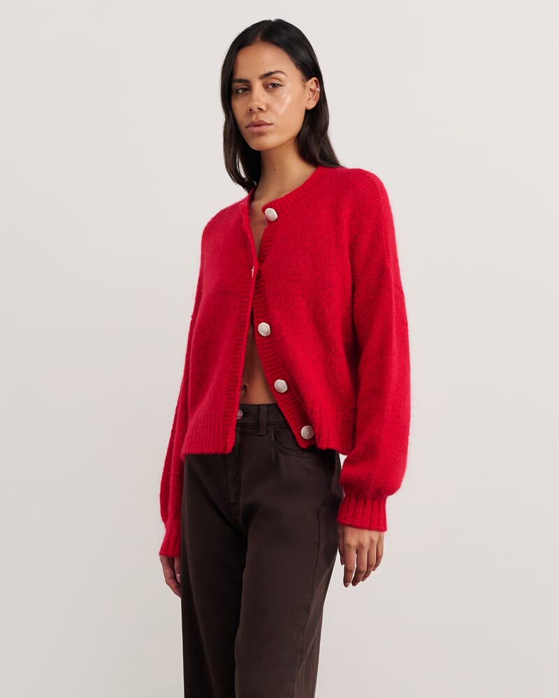 Lily Fluffy Knit Cardigan in BRIGHT RED