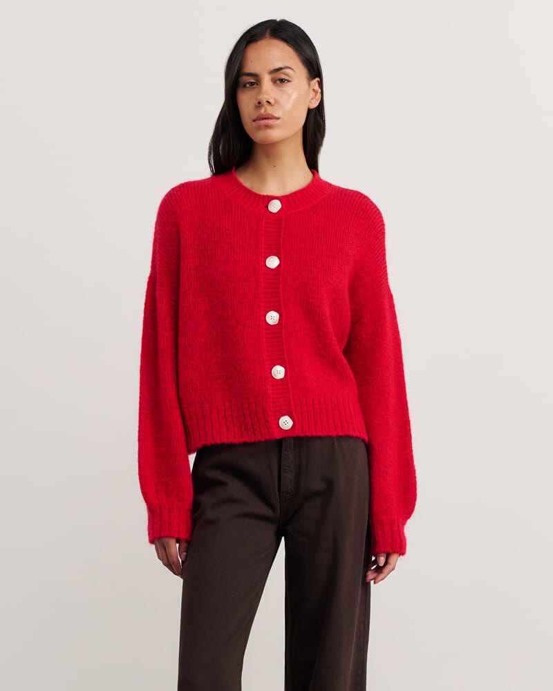 Lily Fluffy Knit Cardigan in BRIGHT RED
