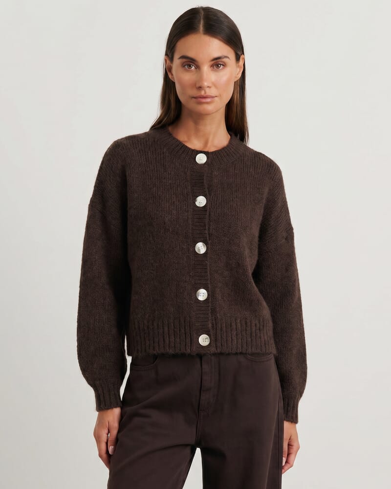 Lily Fluffy Knit Cardigan in DARK CHOCOLATE