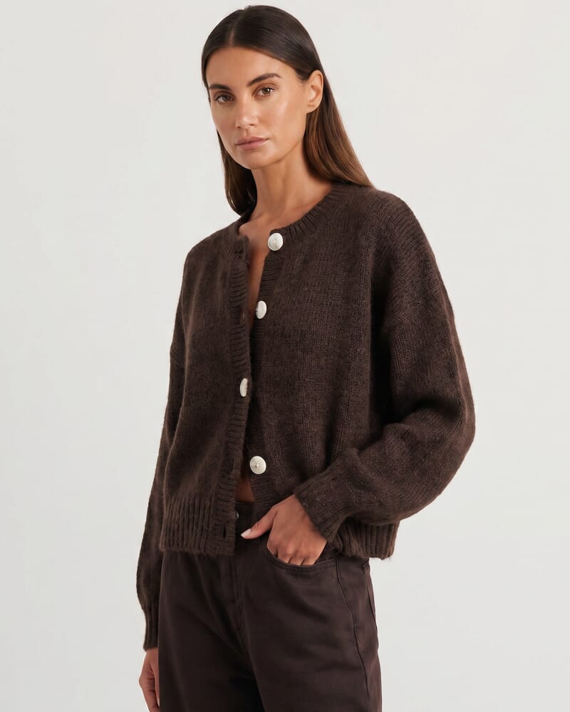 Lily Fluffy Knit Cardigan in DARK CHOCOLATE