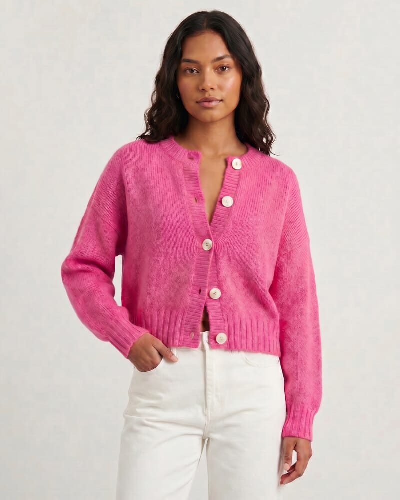 Lily Fluffy Knit Cardigan in PEONY
