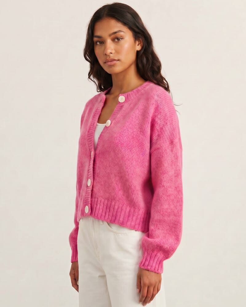 Lily Fluffy Knit Cardigan in PEONY