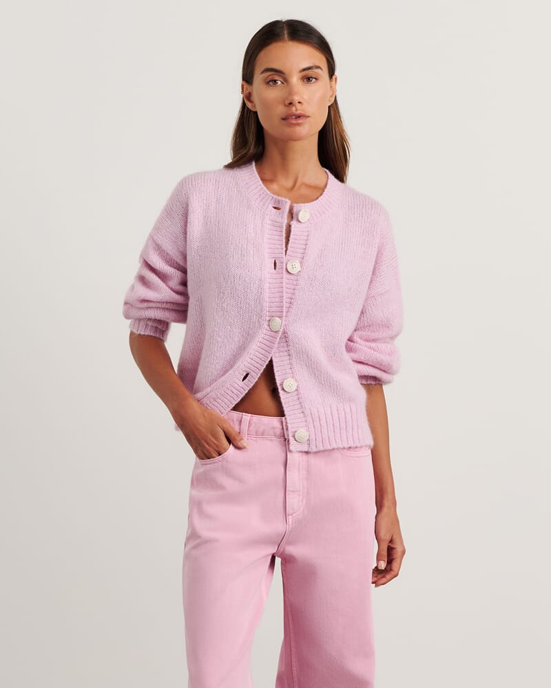 Lily Fluffy Knit Cardigan in PINK FROST