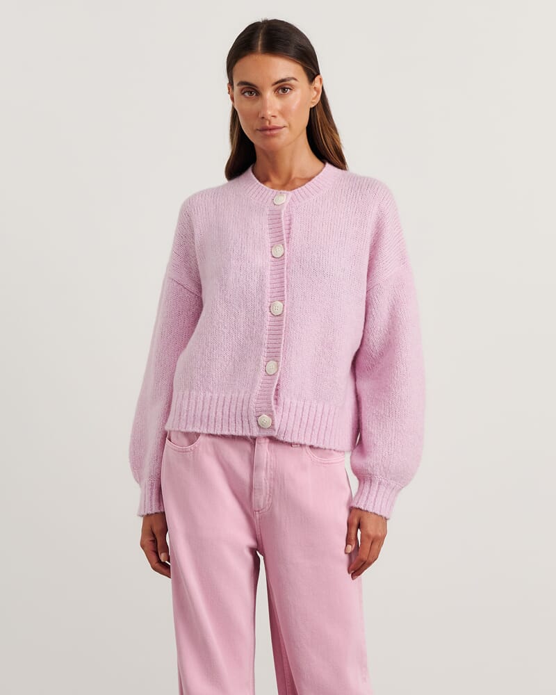 Lily Fluffy Knit Cardigan in PINK FROST