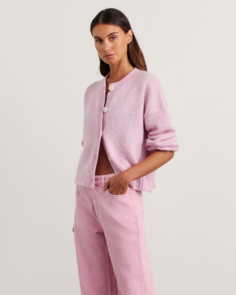 Lily Fluffy Knit Cardigan in PINK FROST