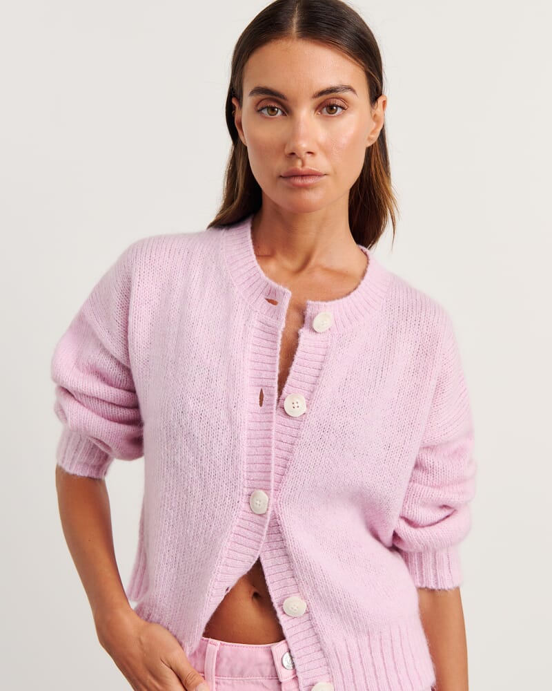 Lily Fluffy Knit Cardigan in PINK FROST