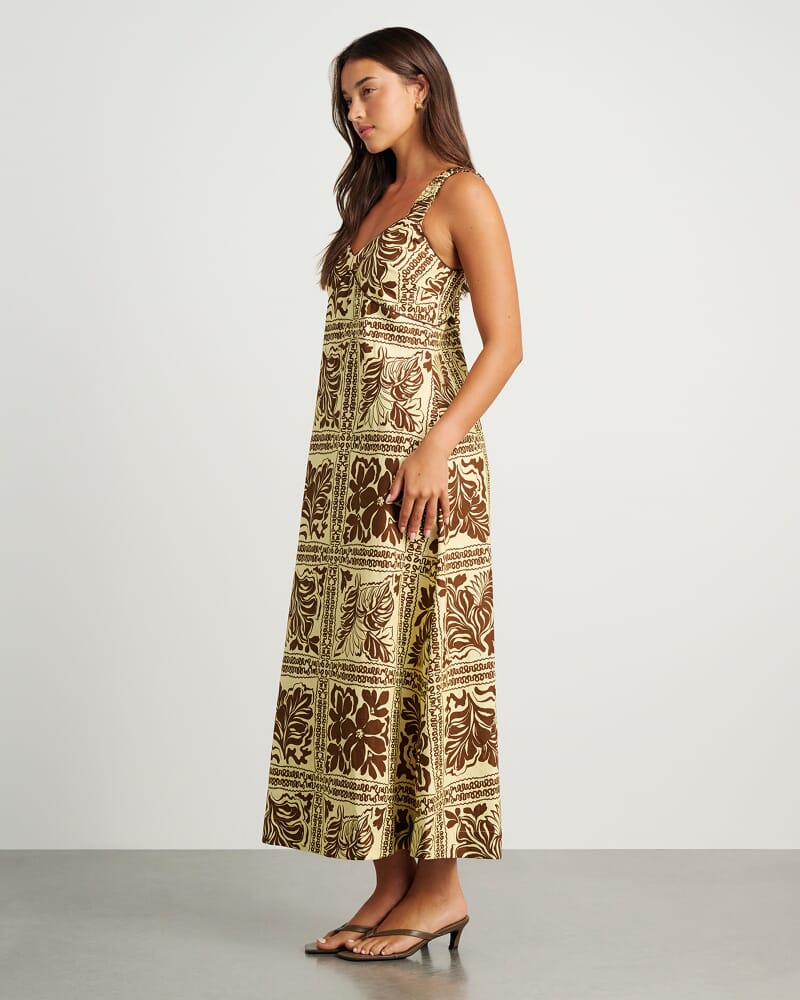 Botanica Linen Maxi Dress in BROWN/GOLD