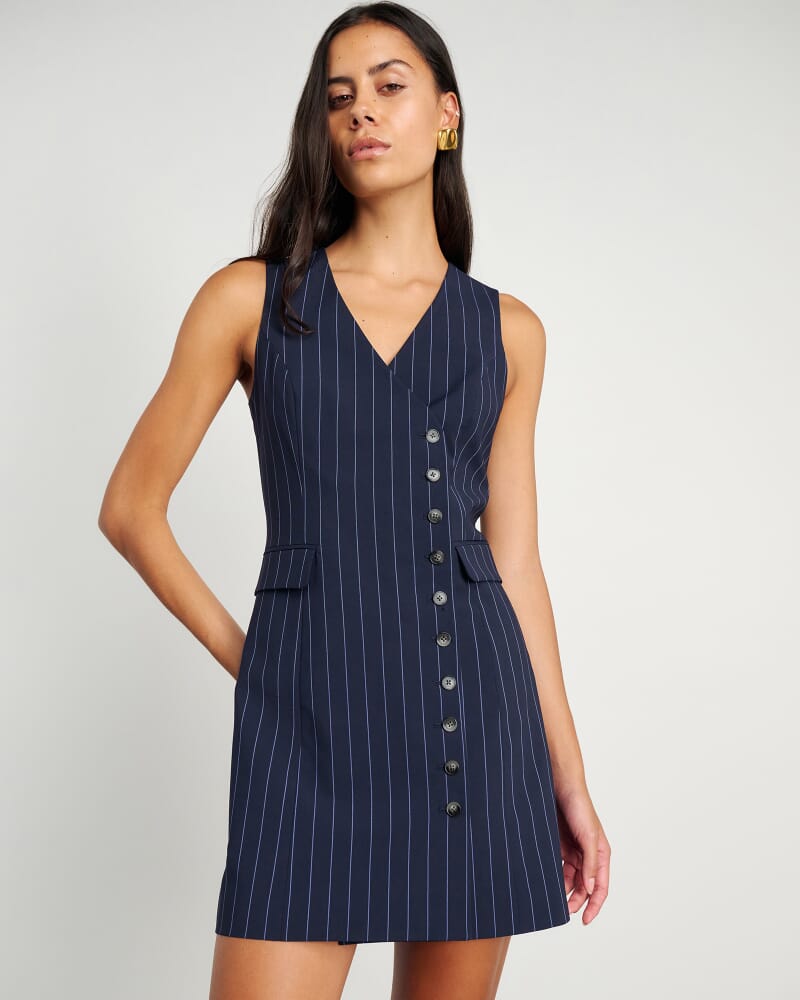 Gia Pinstripe Asymmetric Dress in NAVY/WHITE