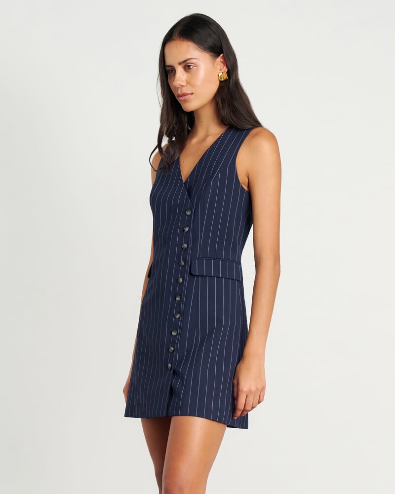 Gia Pinstripe Asymmetric Dress in NAVY/WHITE