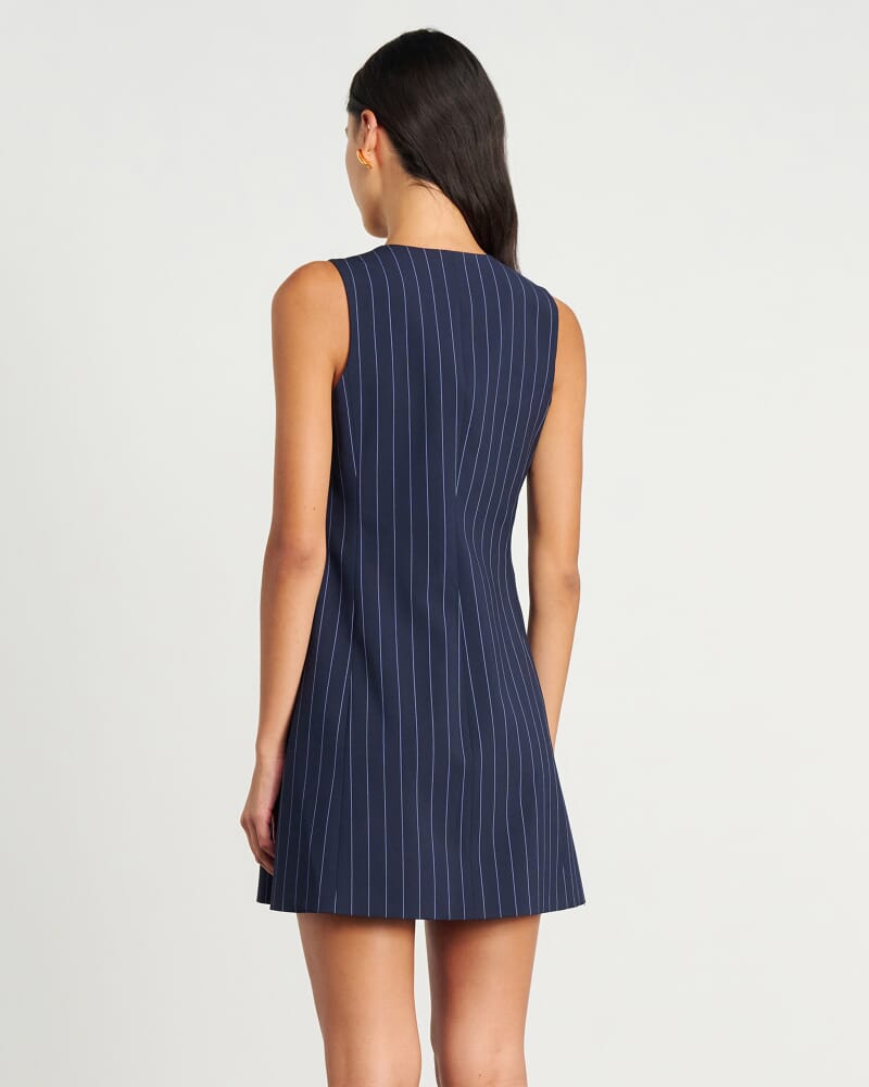 Gia Pinstripe Asymmetric Dress in NAVY/WHITE