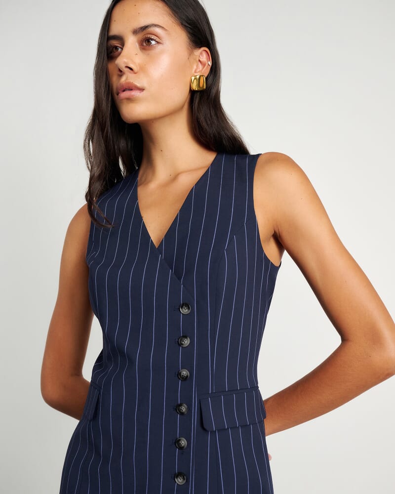 Gia Pinstripe Asymmetric Dress in NAVY/WHITE