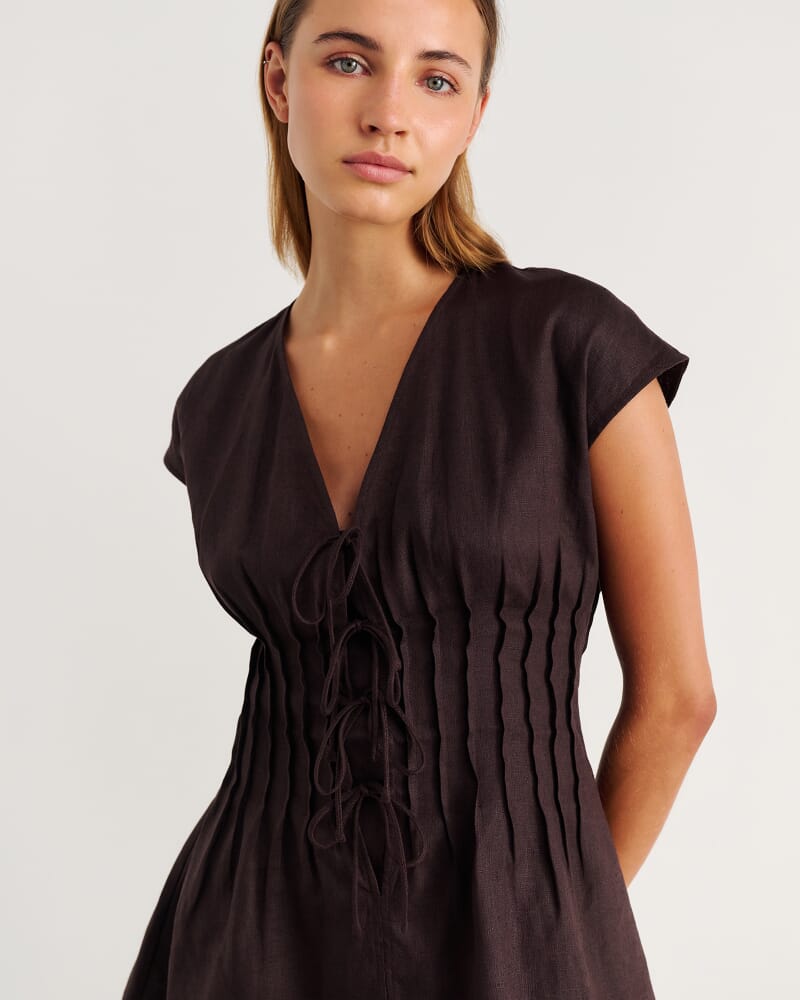 Delphine Pintuck Linen Mini Dress in DARK CHOCOLATE