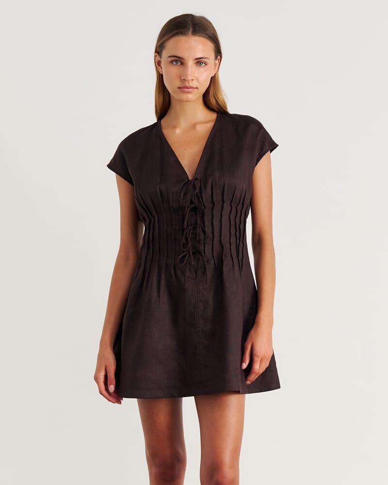 Delphine Pintuck Linen Mini Dress in DARK CHOCOLATE