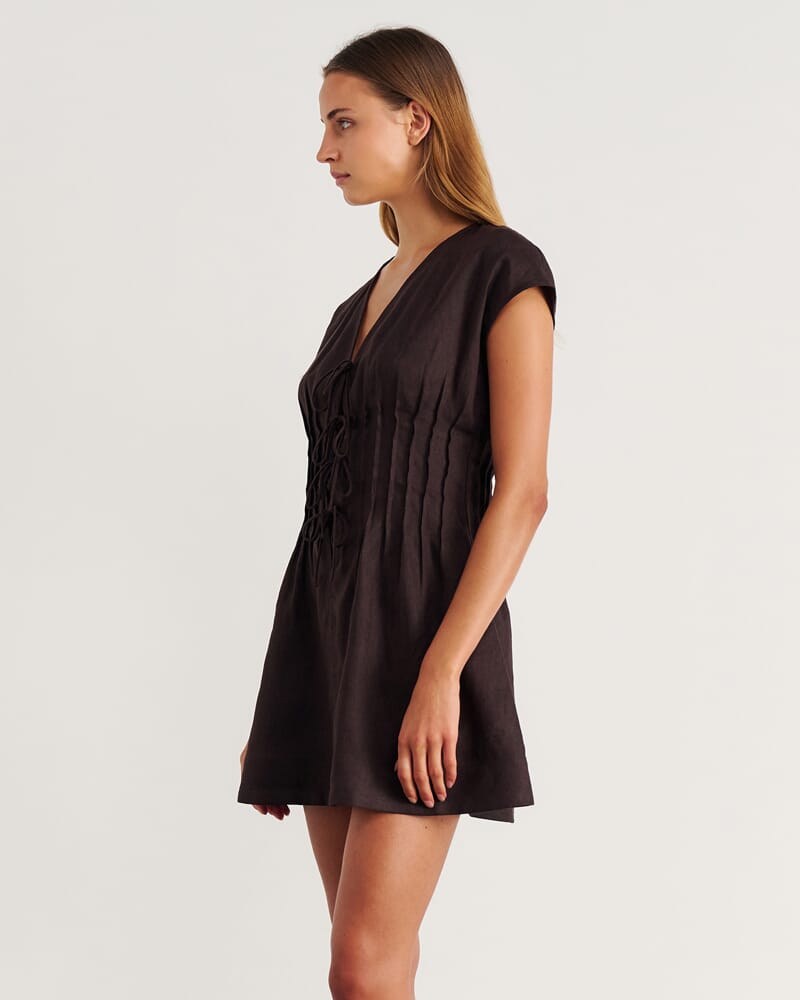 Delphine Pintuck Linen Mini Dress in DARK CHOCOLATE
