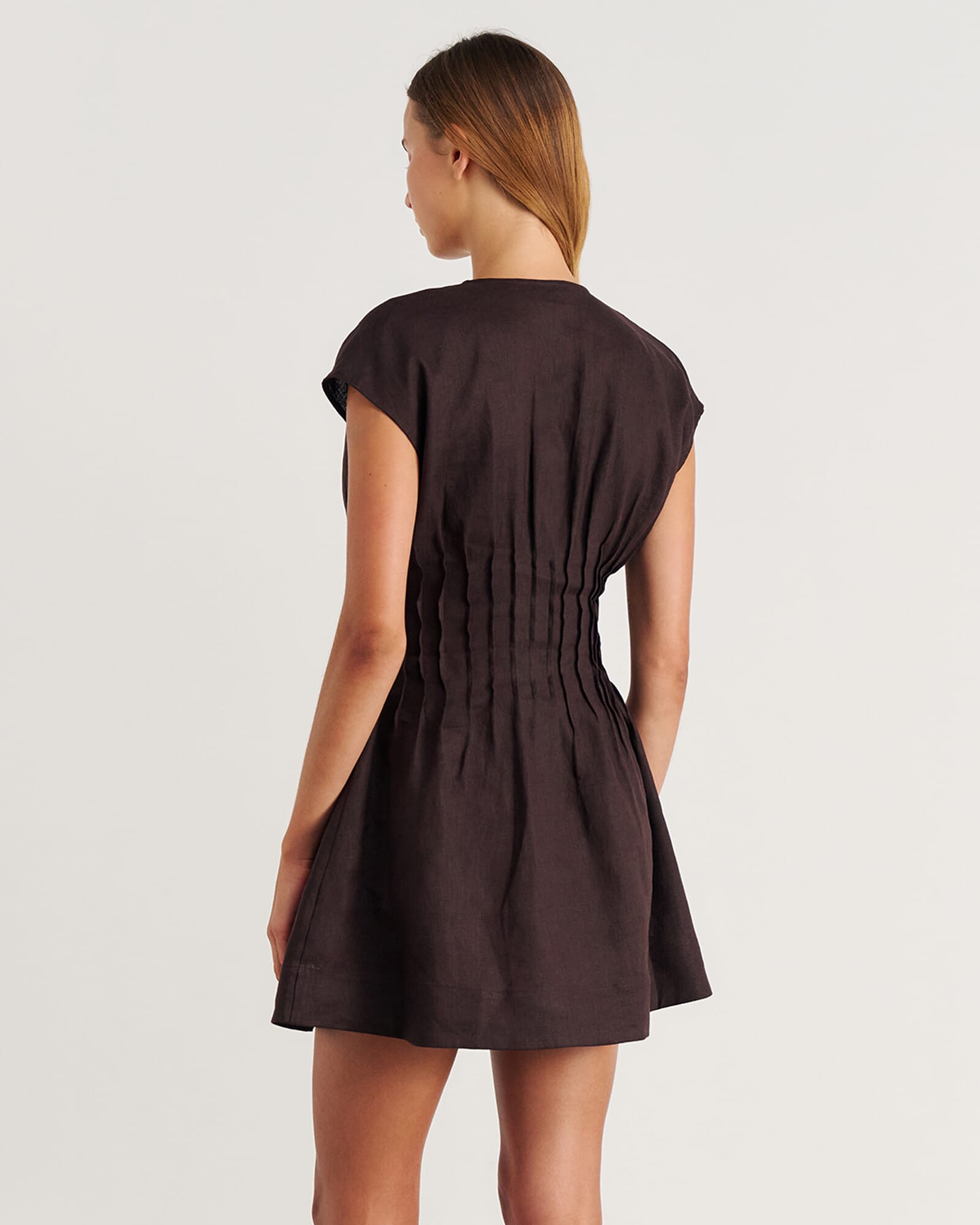 Delphine Pintuck Linen Mini Dress in Dark Chocolate | JAG