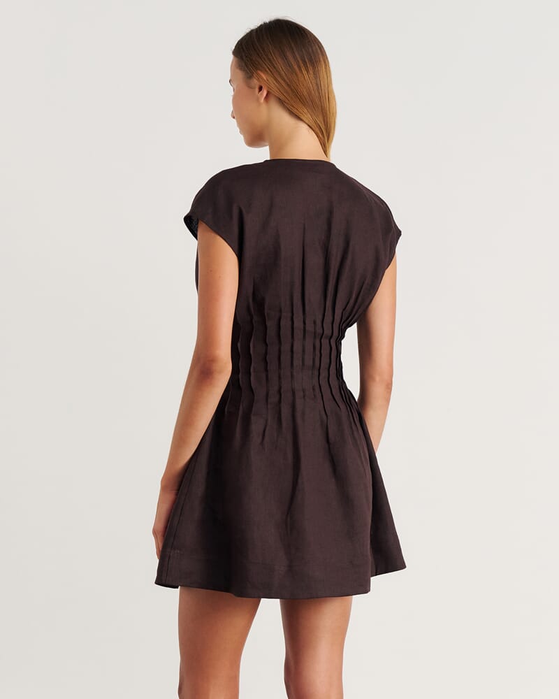 Delphine Pintuck Linen Mini Dress in DARK CHOCOLATE