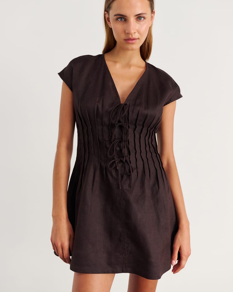 Delphine Pintuck Linen Mini Dress in DARK CHOCOLATE