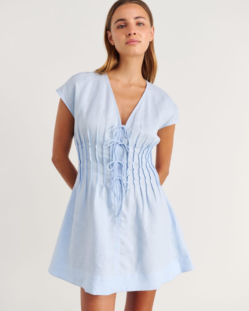 Delphine Pintuck Linen Mini Dress in ICE BLUE