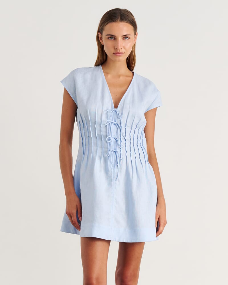 Delphine Pintuck Linen Mini Dress in ICE BLUE