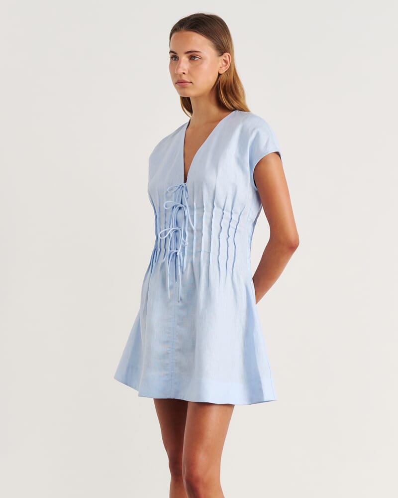 Delphine Pintuck Linen Mini Dress in ICE BLUE