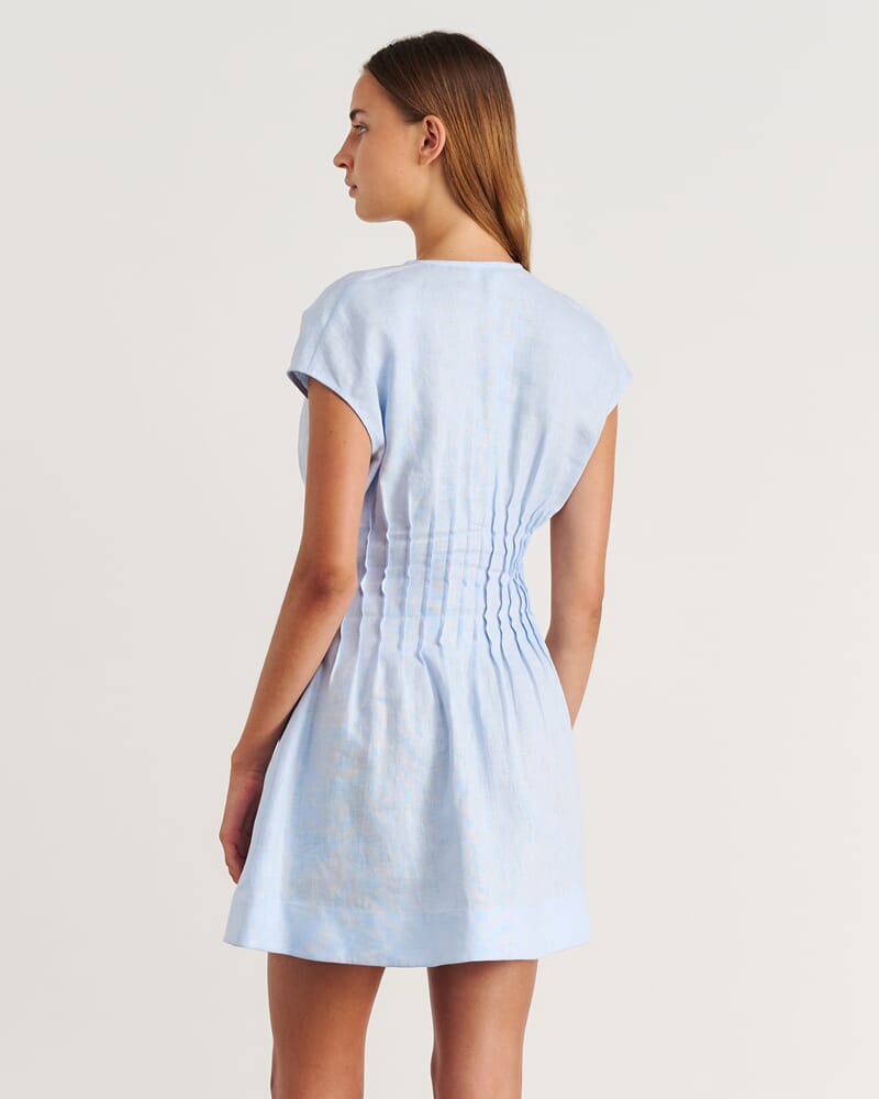 Delphine Pintuck Linen Mini Dress in ICE BLUE