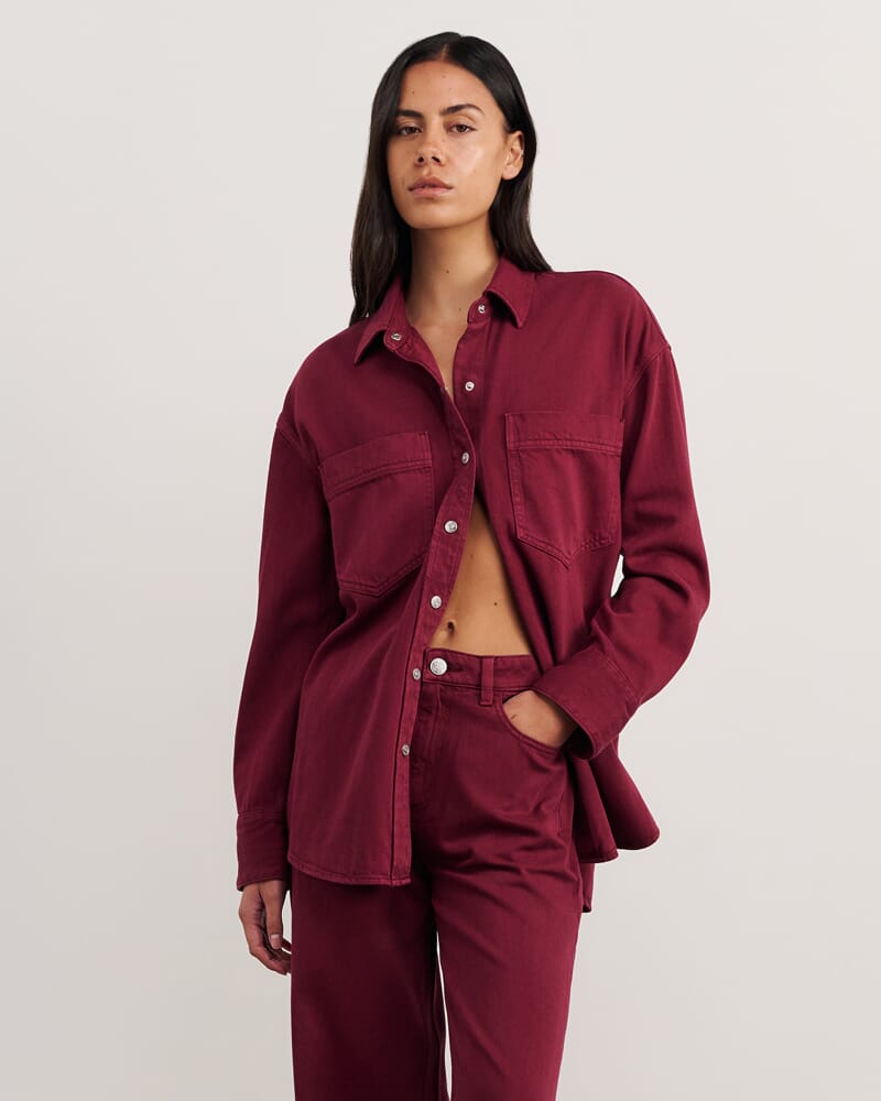 Loe Denim Shacket in WINE