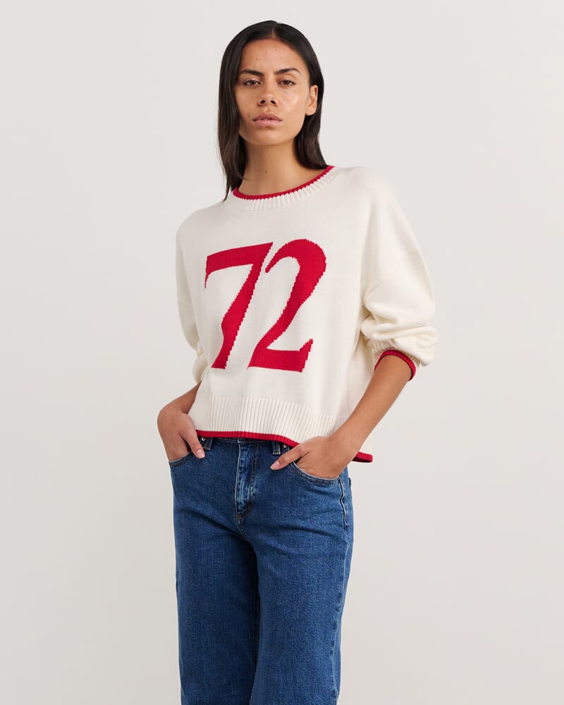 Gia Crew Knit in WHITE/MERLOT