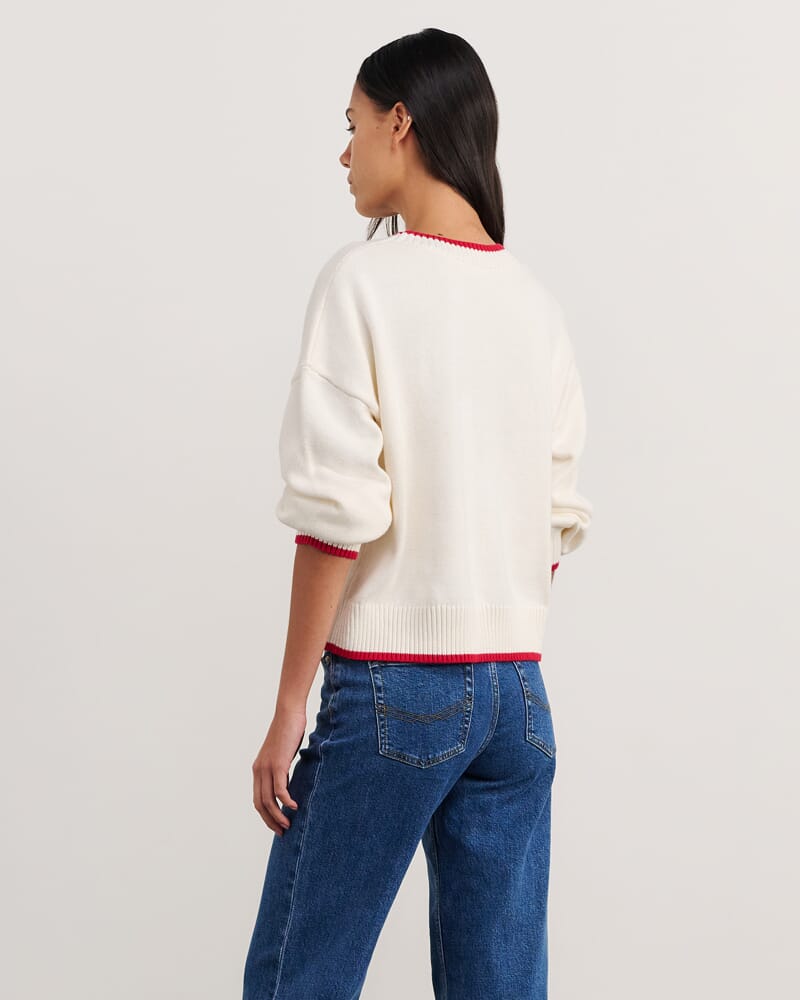 Gia Crew Knit in WHITE/MERLOT