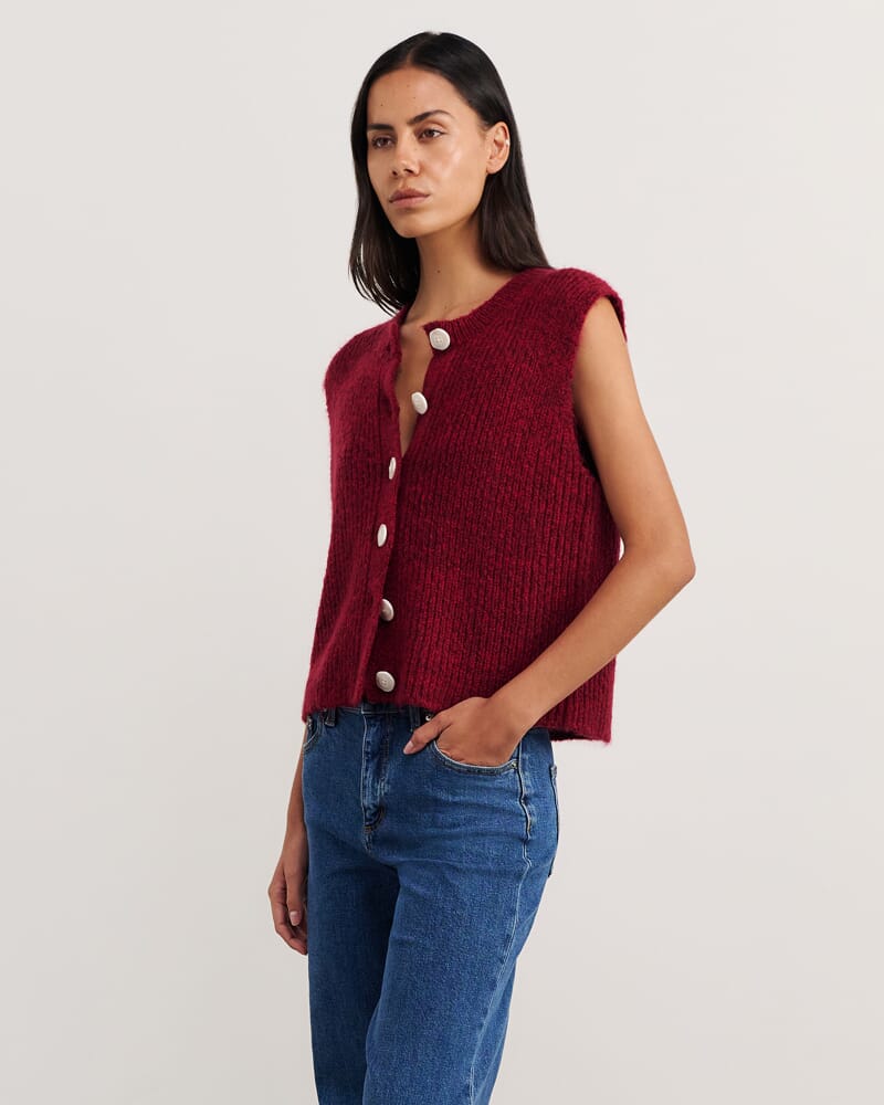 Lily Button Vest in WINE