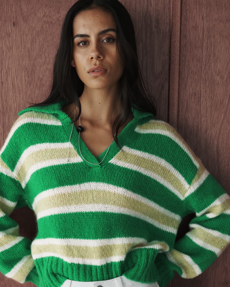 Lily Collared Knit in GREEN/WHITE