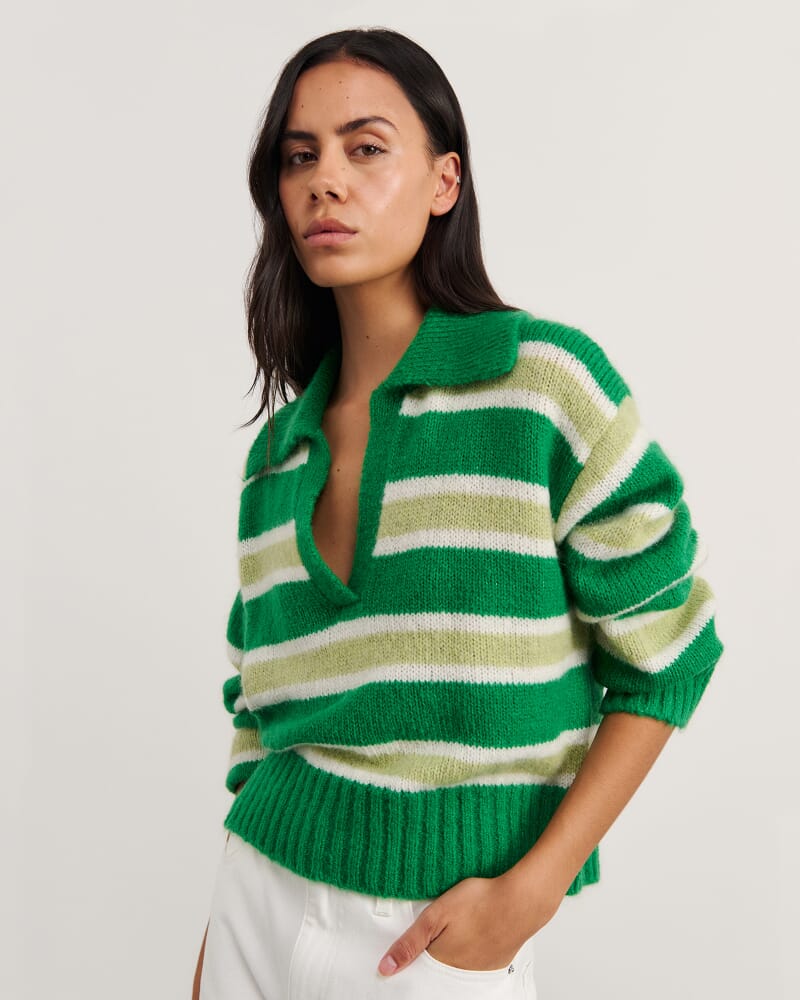 Lily Collared Knit in GREEN/WHITE